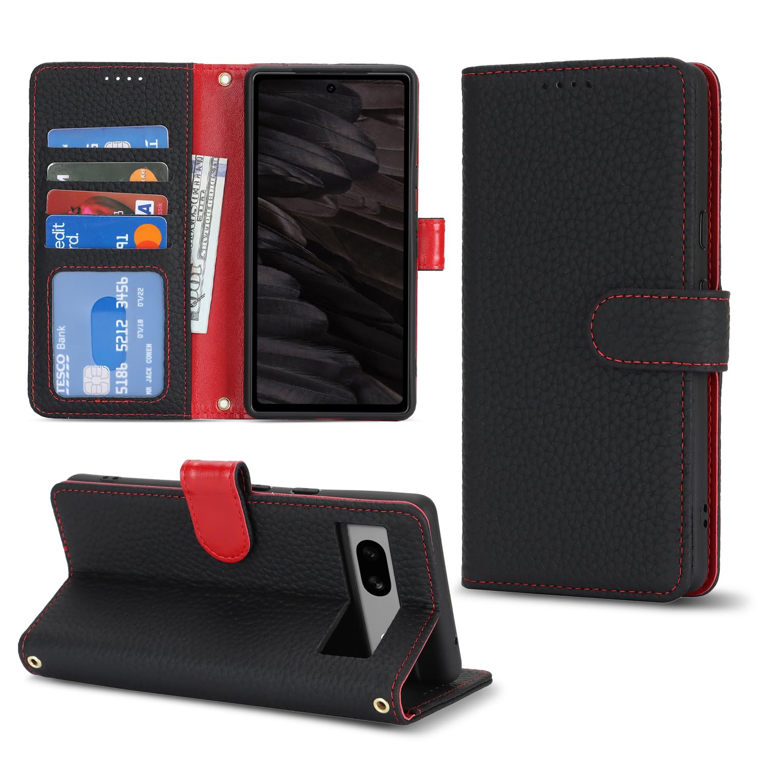 DEYHU 対応 Google Pixel 8a ケース 手帳型 グーグルピクセル8a ケース 本革 カード収納 スタンド機能 ピクセル8a ケース 大容量 財布型 耐衝撃 pixel 8a スマホケース レザー 黒と赤