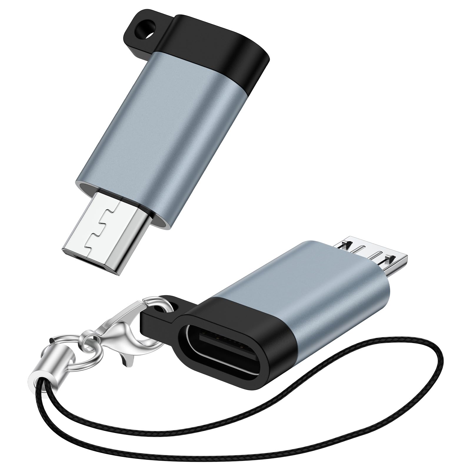 Type-C → Micro USB 変換アダプタ 【2個セット／ストラップ付き】データ転送 最大480Mbps・充電最大10W対応 スマホ／タブレット／モバイルバッテリー用 高耐久アルミ合金 グレー