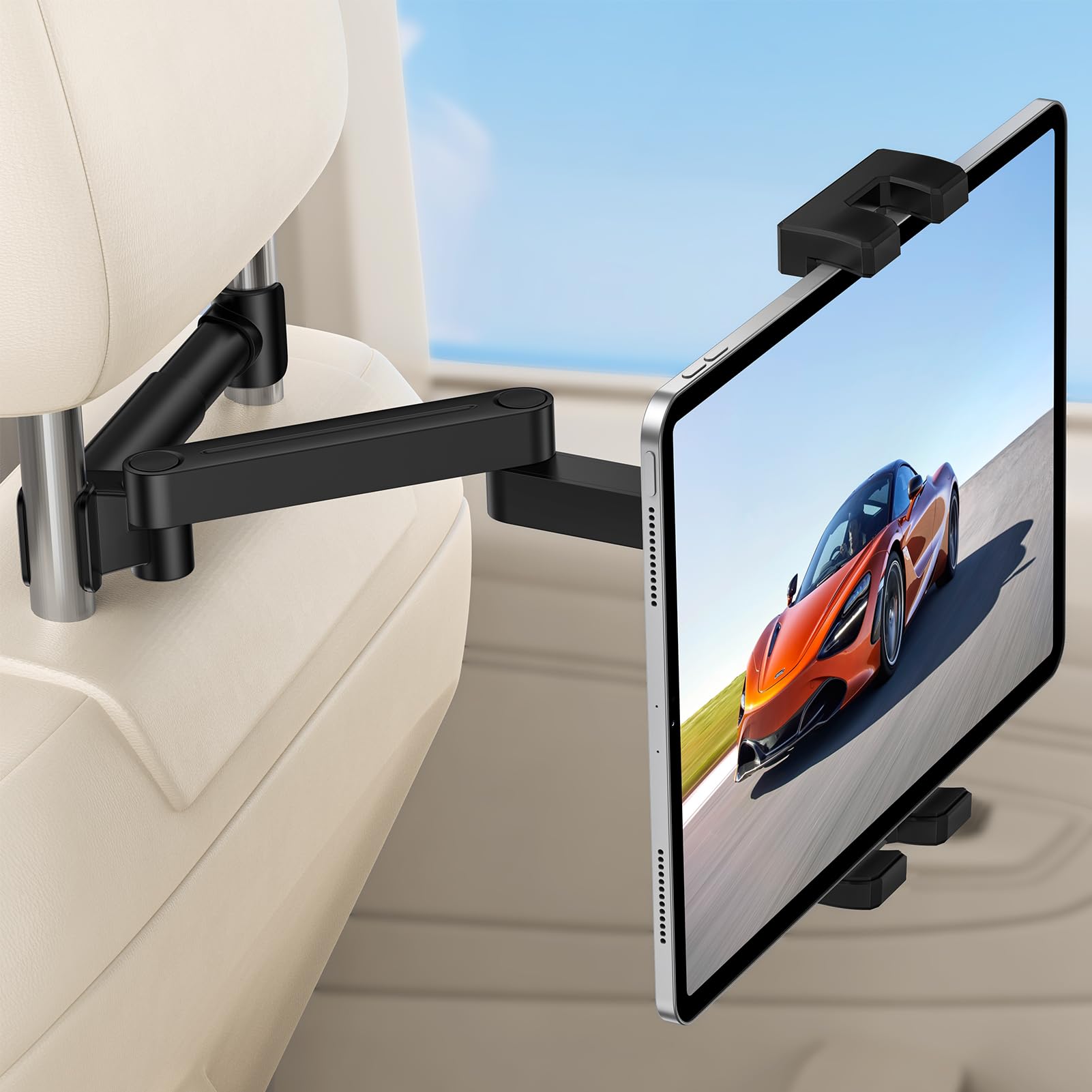 樂天商城 - 【2025 二軸アーム搭載】 タブレットホルダー 車 後部座席用 6.5〜12.9インチ対応 折りたたみ式・360度回転 スマホ/iPad/Switch対応 滑り止めゴム＆金属製ポール対応 取付簡単・工具不要