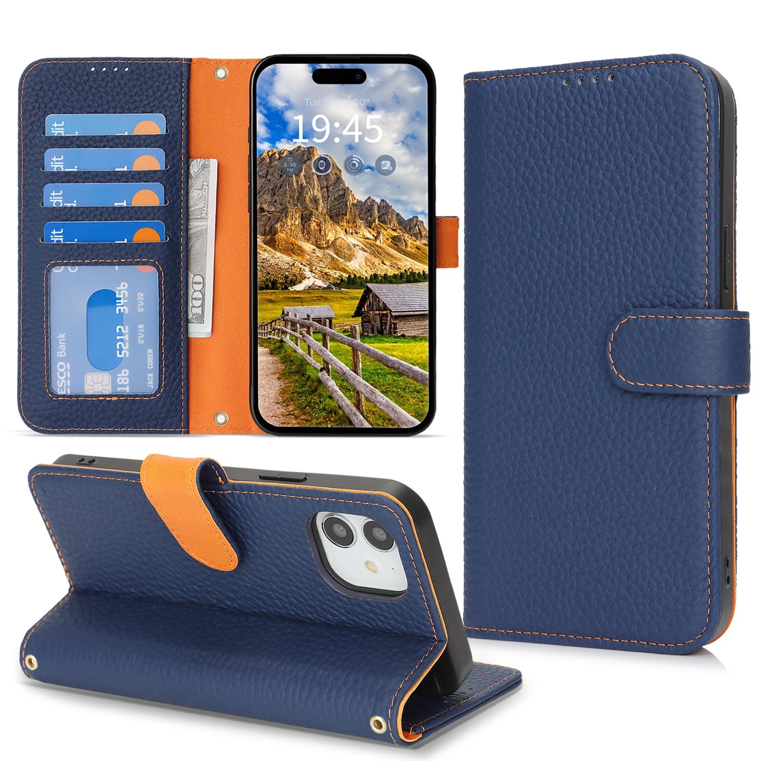 樂天商城 - DEYHU 対応 iPhone 11 ケース 手帳型 カード収納 スタンド機能 アイフォン11 ケース 本革 大容量 耐衝撃 カード収納 iPhone11 ケース 手帳型 iphone 11 レザー カバー ブルー と オレンジ