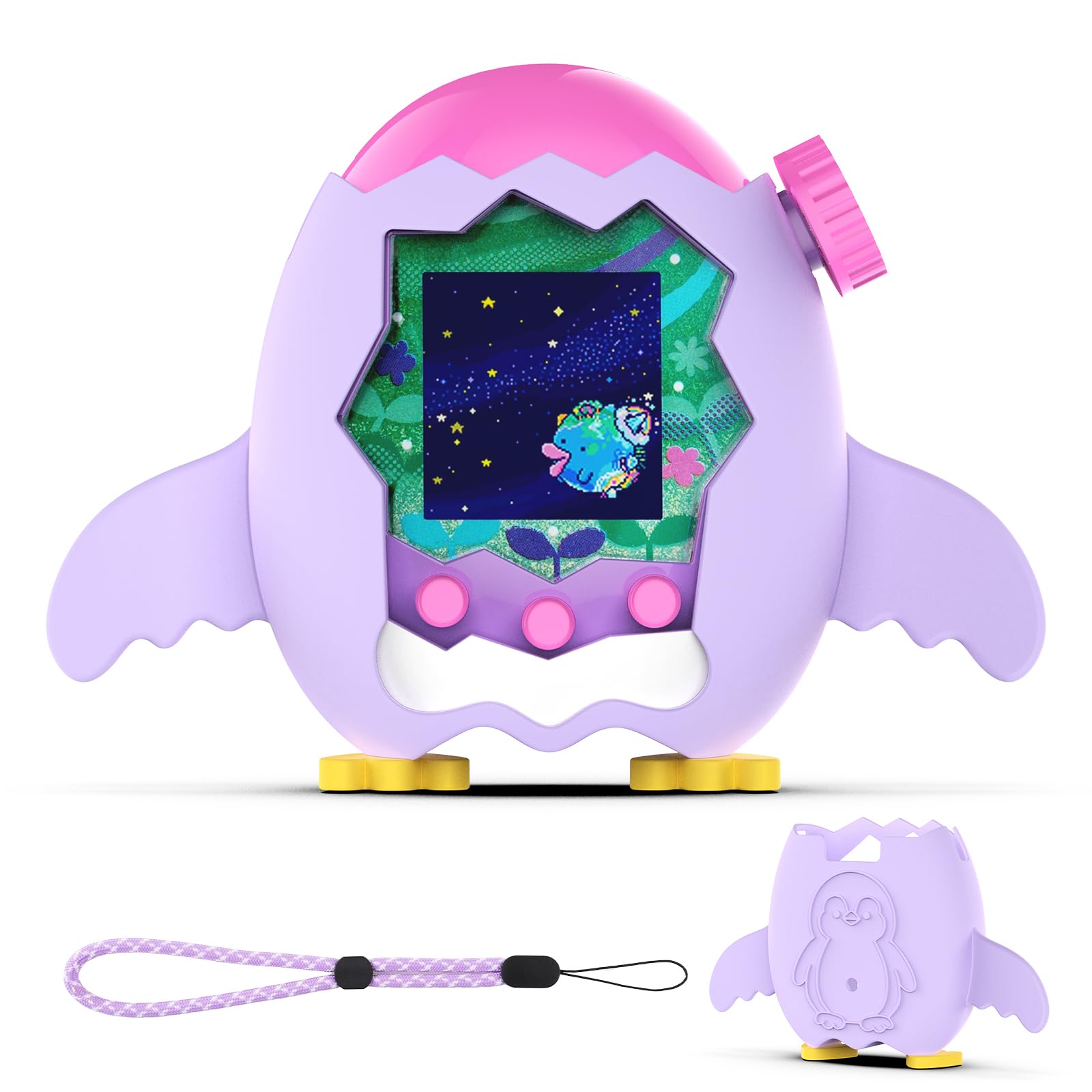 樂天商城 - Hianjoo Tamagotchi Paradise 対応 ケース シリコン製 耐衝撃 キズ防止 携帯に便利 たまごっちパラダイス 対応 全面保護カバー 収納ケース 専用保護 ストラップ付き (パープル)