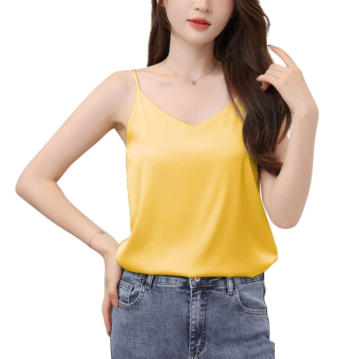 [Euyqs] キャミソール Vネック シンプル サテンのベスト (イェロー, L)