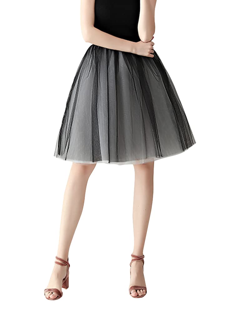 [Euyqs] 多重構造チュールスカート 65cm パニエ ミニスカート ストレッチ ウェスト (#2 ブラック/グレー)