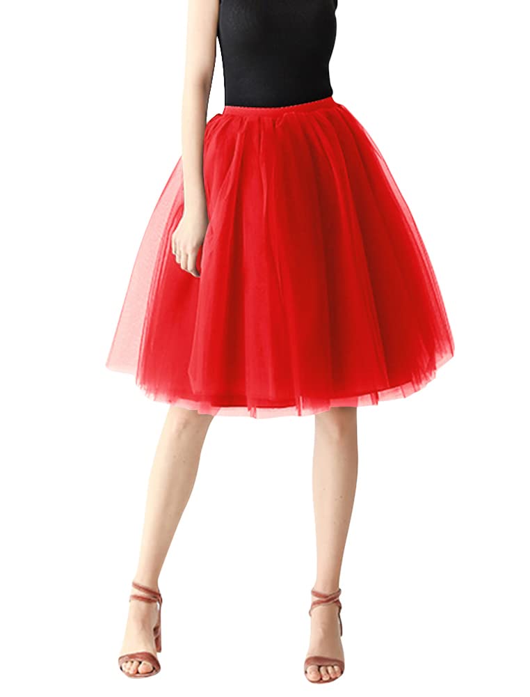 [Euyqs] 多重構造チュールスカート 65cm パニエ ミニスカート ストレッチ ウェスト (レッド)