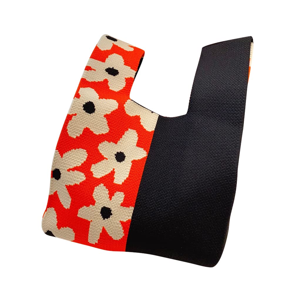 [Euyqs] ニットバッグトート 買い物 手提げ レディースニット素材 コンパクトサイズ ミニトートバッグ (#6 ブラック/レッド)