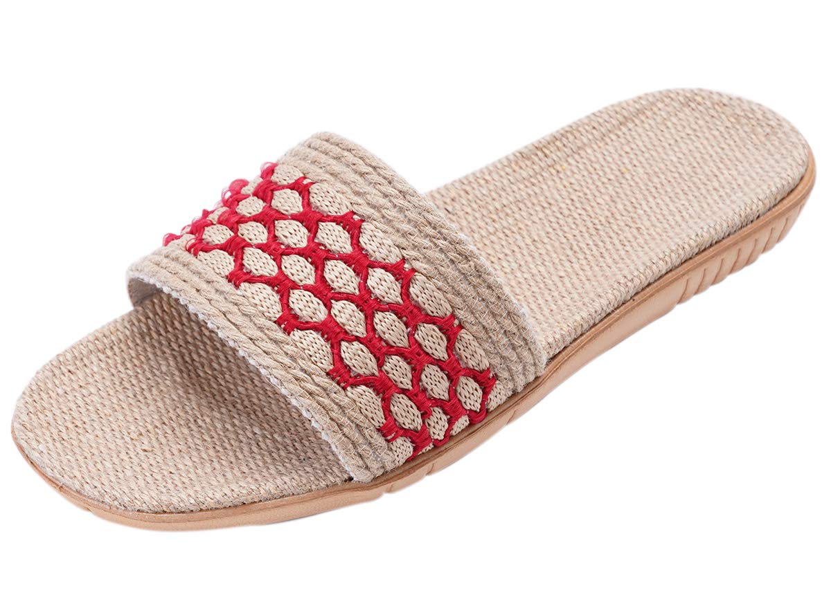 [Euyqs] 居心地の良い屋内亜麻ホームスリッパ滑り止め (レッド, 24.5 cm)