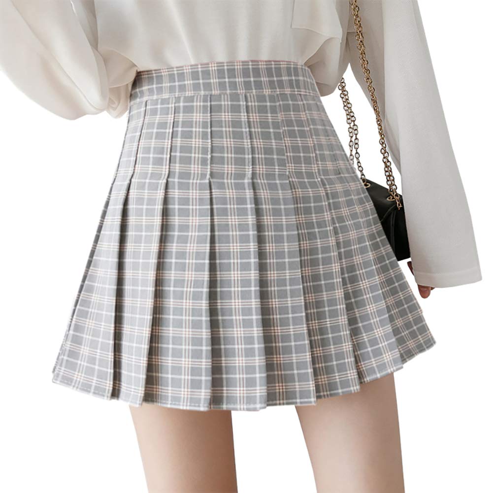 [Euyqs] クラシックチェックプリーツスカート (XXL, グレー)