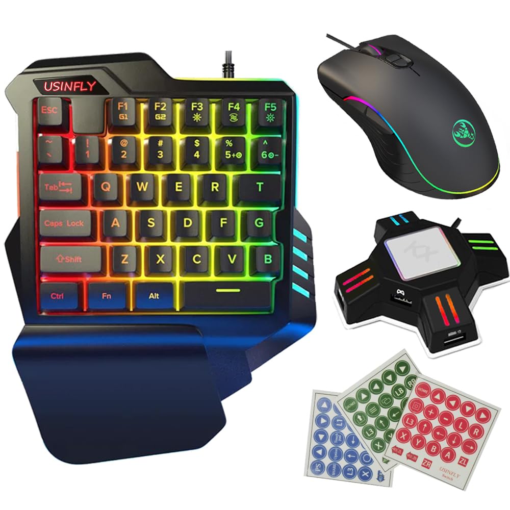 【シール付き】ゲーミングキーボード マウスセット 専用コンバーター付き 片手キーボード フォートナイト用キーボード Switch/switch lite/PS4/PS3/Xbox対応 RGB キーボード マウスセット