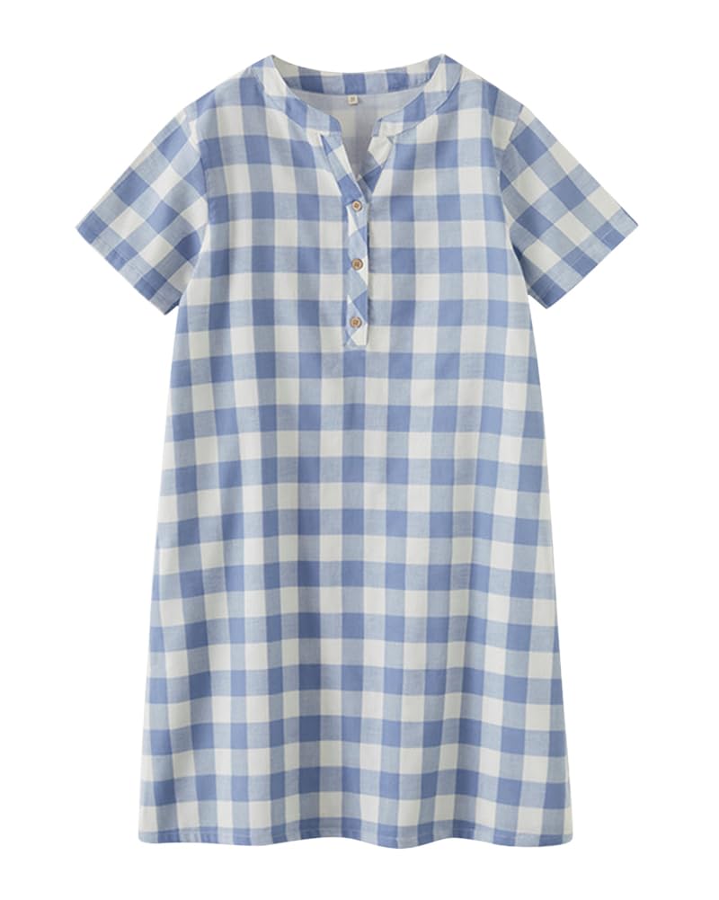 [Euyqs] レディース 半袖 前開き 綿 ダブルガーゼ 通気 スキンタッチ 柔らかい 肌に優しい 可愛い ルームワンピース ネグリジェ パジャマ (JP, アルファベット, M, ラージチェックブルー)
