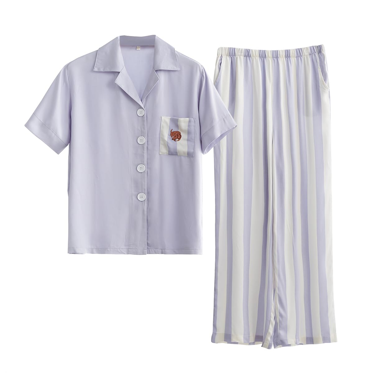 [Euyqs] パジャマ レーヨンサテン レディース ルームウェア 上下セット 半袖トップパンツ (アッシュパープル, XXL)
