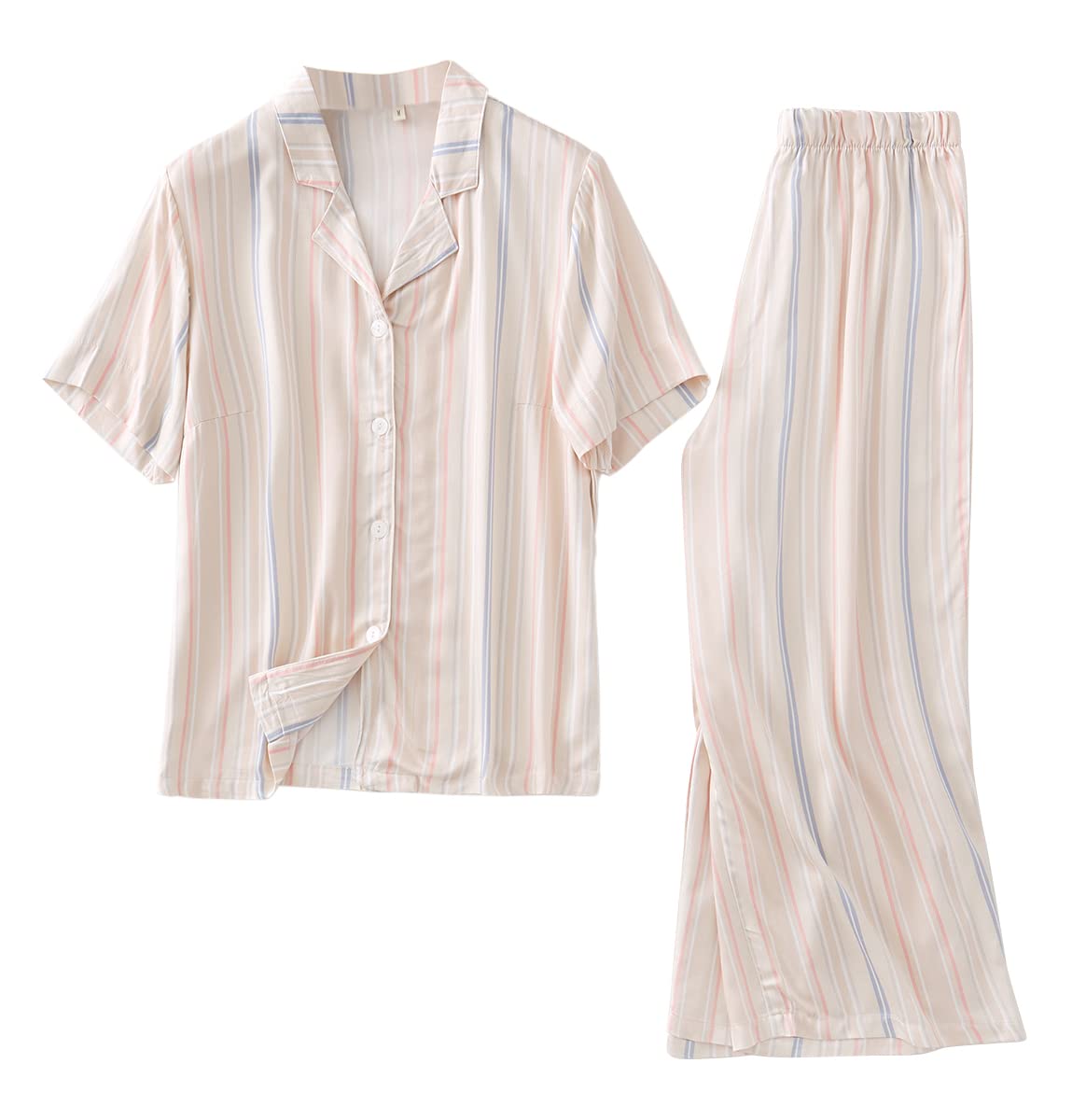 [Euyqs] パジャマ レーヨンサテン レディース ルームウェア 上下セット 半袖トップパンツ (ボーダー-ピンク, M)