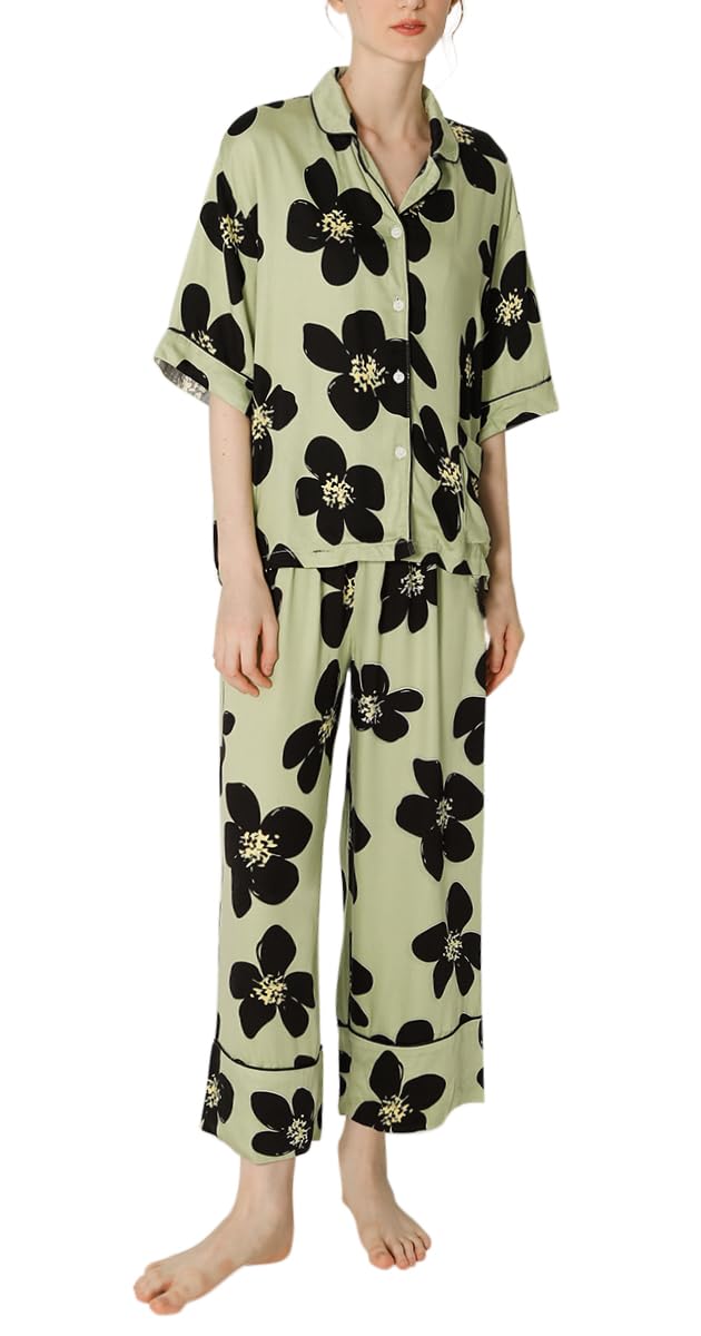 [Euyqs] パジャマ レーヨンサテン レディース ルームウェア 上下セット 半袖トップパンツ (グリーン, XL)