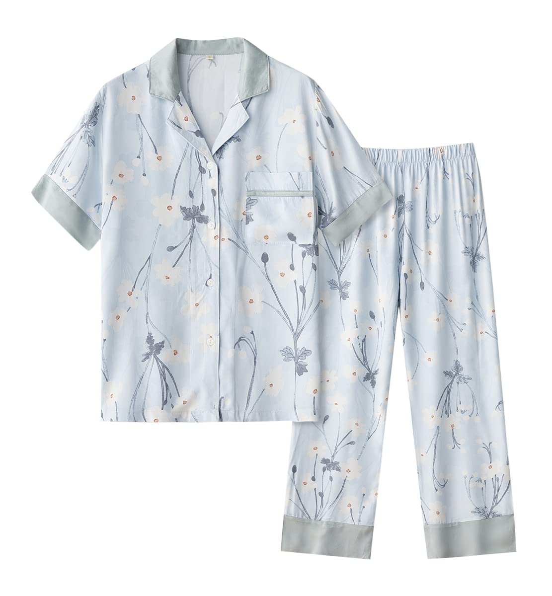 [Euyqs] パジャマ レーヨンサテン レディース ルームウェア 上下セット 半袖トップパンツ (花柄-ライトブルー, XL)
