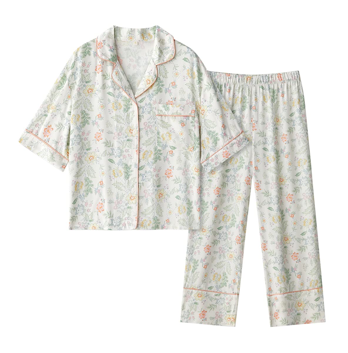 [Euyqs] パジャマ レーヨンサテン レディース ルームウェア 上下セット 半袖トップパンツ (花柄#2, S)