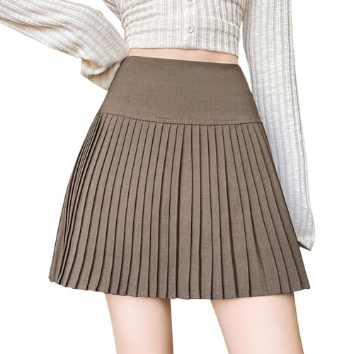 [Euyqs] プリーツスカート ハイウエスト Aライン 膝上丈 制服スカートインナーショーツ付き (JP, アルファベット, L, カーキ)