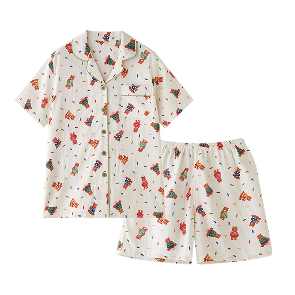 [Euyqs] 美しい パジャマ 綿 二重ガーゼ 半袖 ショーツ 上下セット ネグリジェレディース (#8 ベージュ, XXL)