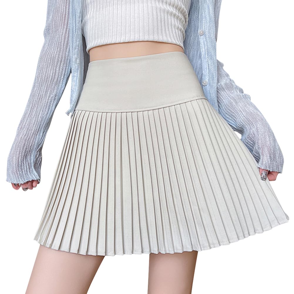 [Euyqs] プリーツスカート ハイウエスト Aライン 膝上丈 制服スカートインナーショーツ付き (JP, アルファベット, XL, ベージュ)