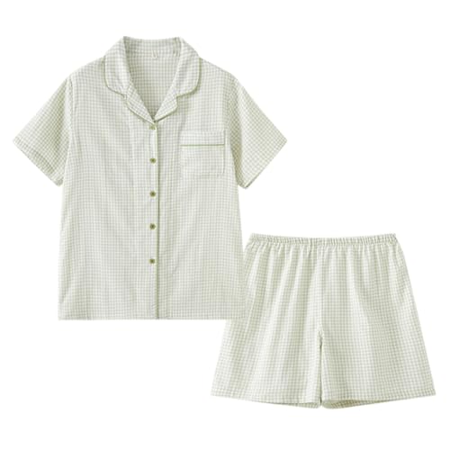 [Euyqs] 美しい パジャマ 綿 二重ガーゼ 半袖 ショーツ 上下セット ネグリジェレディース (JP, アルファベット, L, #7 チェックグリーン)