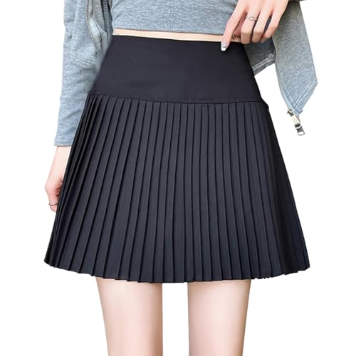 [Euyqs] プリーツスカート ハイウエスト Aライン 膝上丈 制服スカートインナーショーツ付き (JP, アルファベット, S, ブラック)
