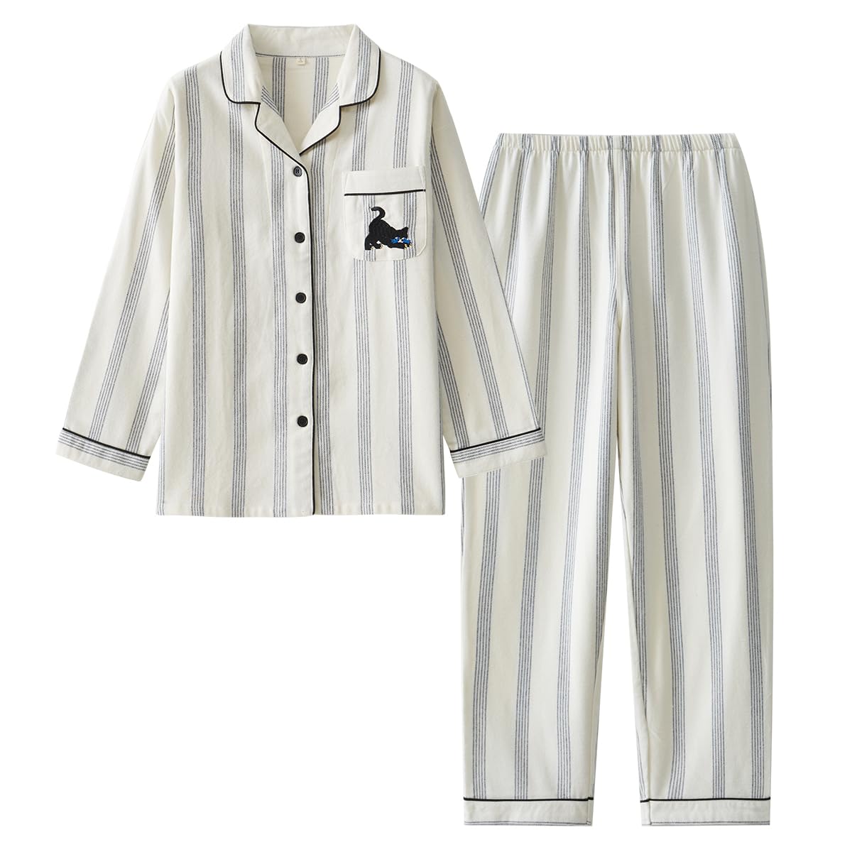 樂天商城 - [Euyqs] レディース純綿フランネルパジャマセットクラシックデザインソフト快適秋冬対応 (XL, ボーダーホワイト)