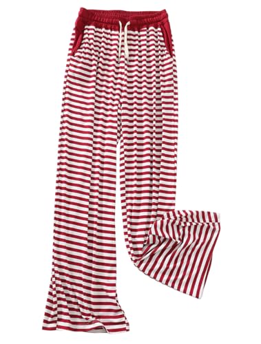[Euyqs] レディース モダール ボーダー パジャマパンツ ゆったり 高ウエストポケット付き (XL, ワイン..