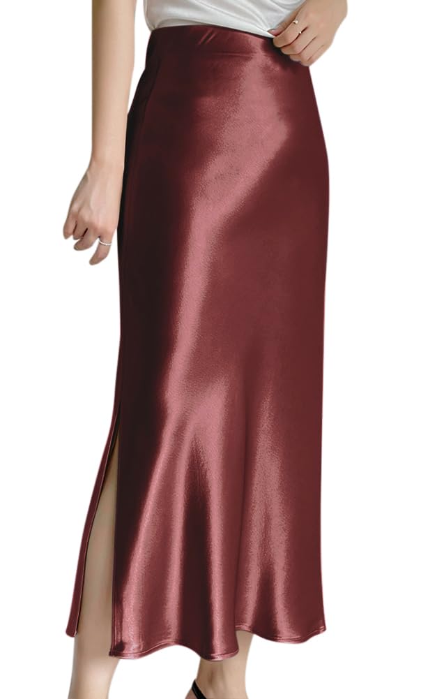 [Euyqs] エレガントなサテン調フィッシュテールスカート ハイウエスト サイドスリット (JP, アルファベット, M, ワインレッド)