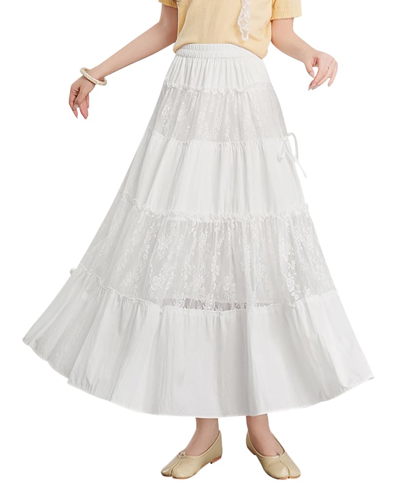 [Euyqs] レディース ティアード ロングスカート レース切り替え Aライン ハイウエスト 裏地付き リボン付き (JP, アルファベット, S, ホワイト)