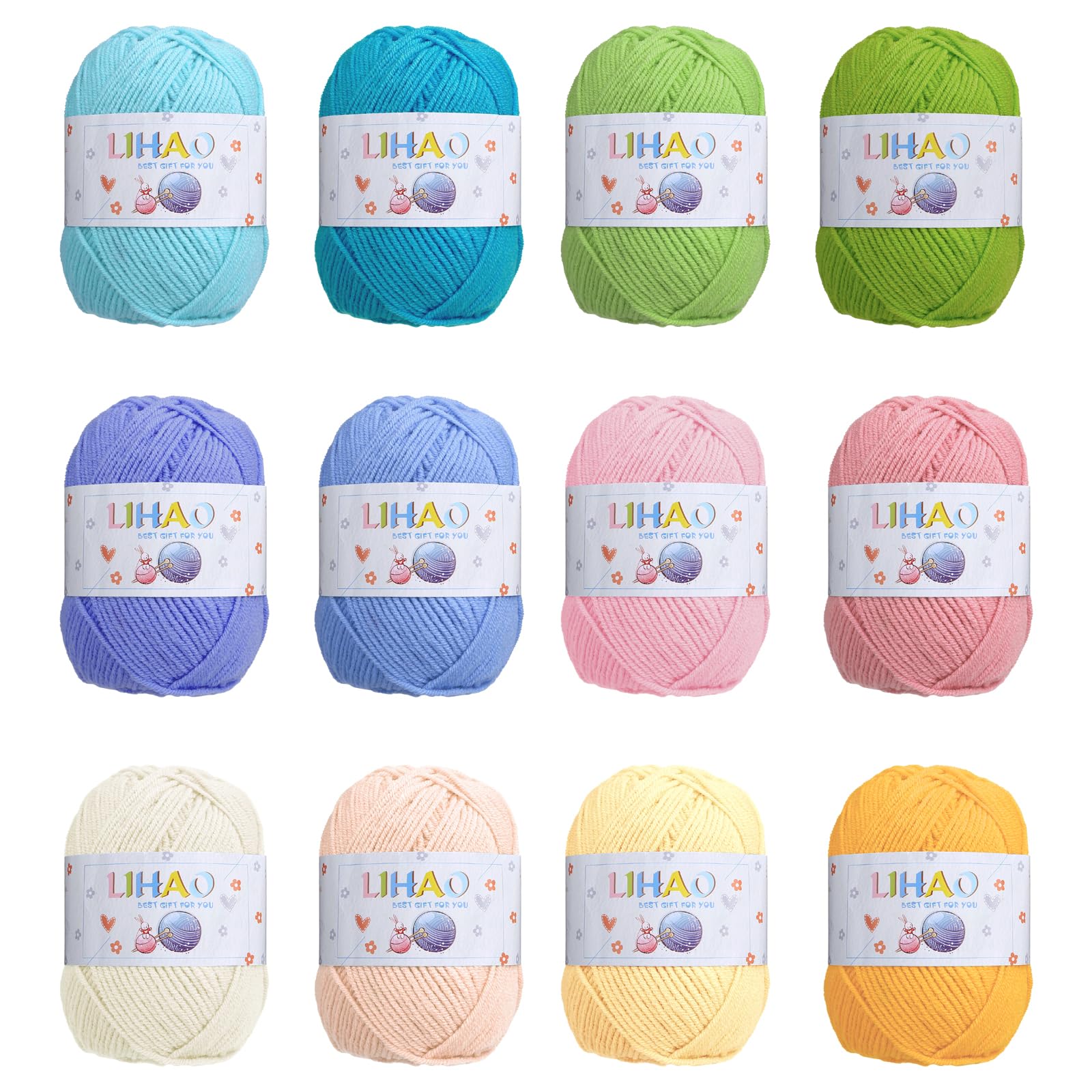 LIHAO 毛糸 1玉50g 12色セット 中細 アクリル 糸 約180m 編み物 編み糸 織り糸