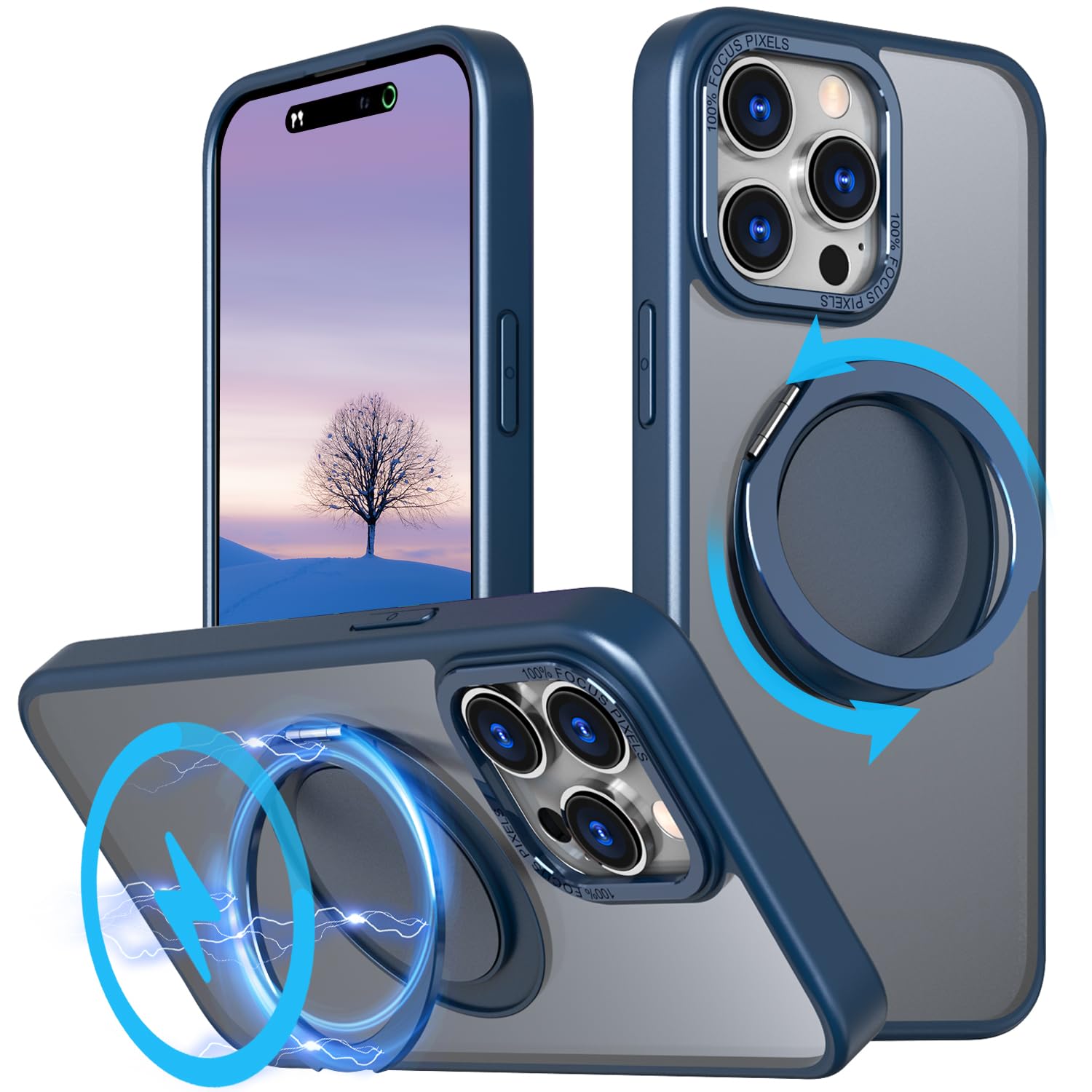 iPhone14 Pro 用 ケース【ブラケットギアの回転】【Magsafeリング・スタンド一体】360°回転スタンド マグネット搭載 縦横両対応 角度調整可 ストレスを和らげる リング 指紋防止 ワイアレス充電対応 マット感 いphone14PRO用 カ