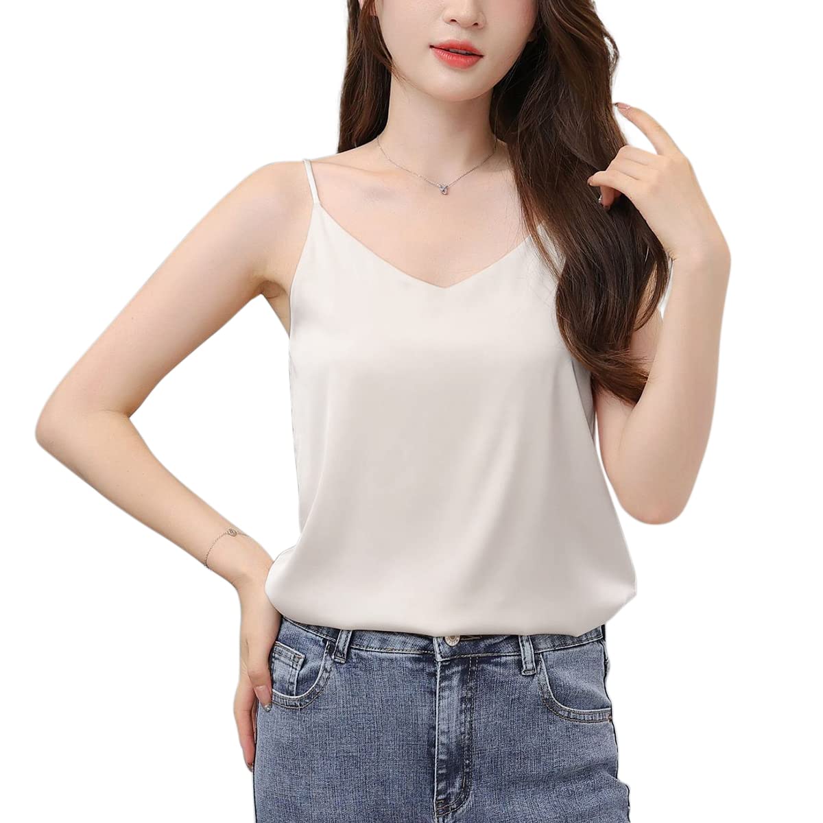 [Euyqs] キャミソール Vネック シンプル サテンのベスト (グレーベージュ, S)