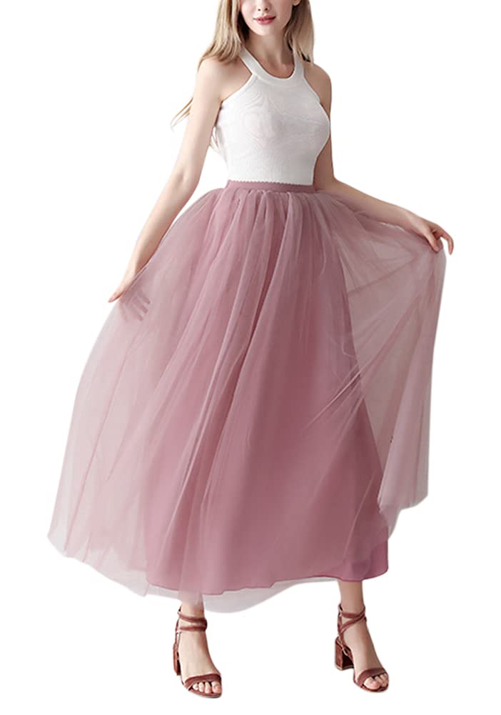 [Euyqs] レディース チュールスカートロングスカート裏地付き ウエストゴム ドレス (ミートピンク)