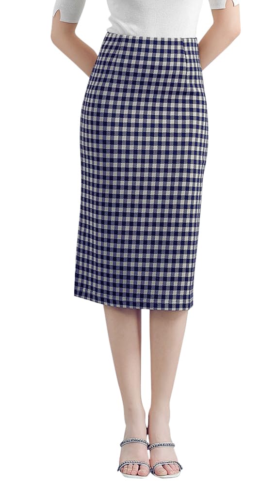 [Euyqs] ペンシルスカート オフィス スーツ OL ウエストゴム (JP, アルファベット, 2XL, チェックネイビー)