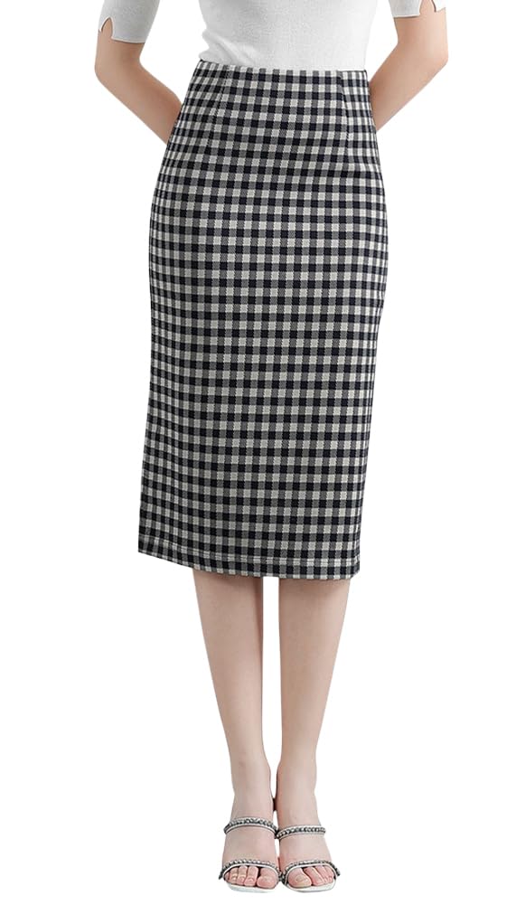 [Euyqs] ペンシルスカート オフィス スーツ OL ウエストゴム (JP, アルファベット, S, チェック ブラック)