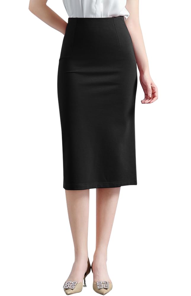 [Euyqs] ペンシルスカート オフィス スーツ OL ウエストゴム (JP, アルファベット, 2XL, 無地ブラック)