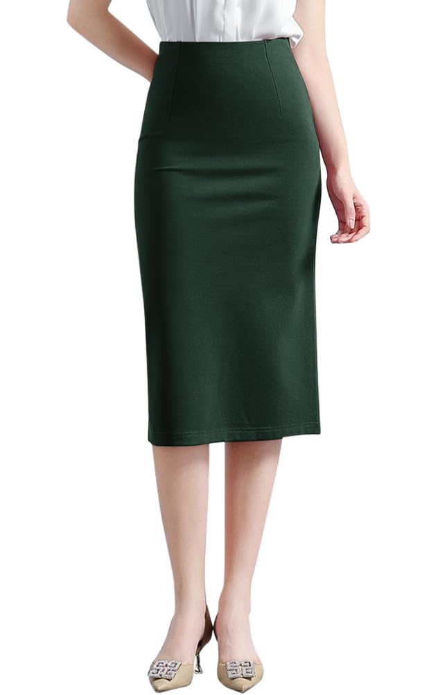 [Euyqs] ペンシルスカート オフィス スーツ OL ウエストゴム (JP, アルファベット, L, 無地ダークグリーン)