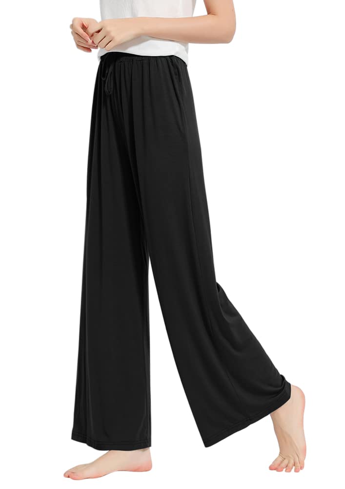 [Euyqs] パジャマボトムス 肌に優しい 吸汗 通気 ストレート ルームウェア セミワイドシルエット ダンス ジム 部屋着(L, ブラック)