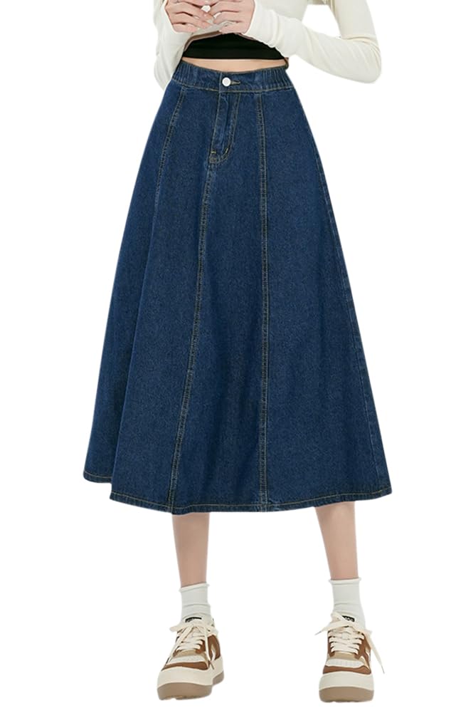 [Euyqs] レディース カジュアル リメイク デニムスカート フレアスカート (S, ダークブルー)