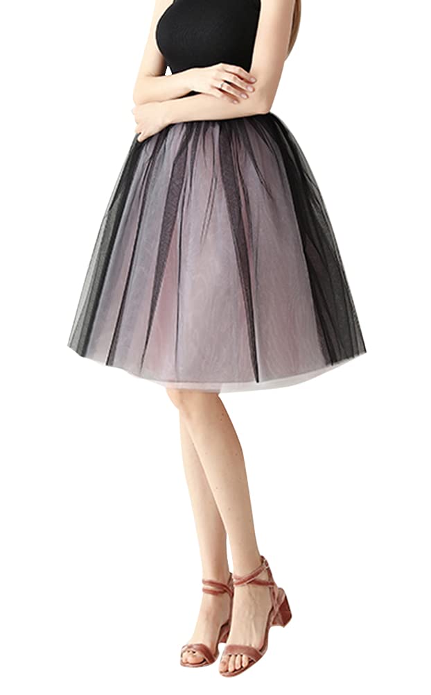[Euyqs] 多重構造チュールスカート 65cm パニエ ミニスカート ストレッチ ウェスト (#2 ブラック/ピンク)