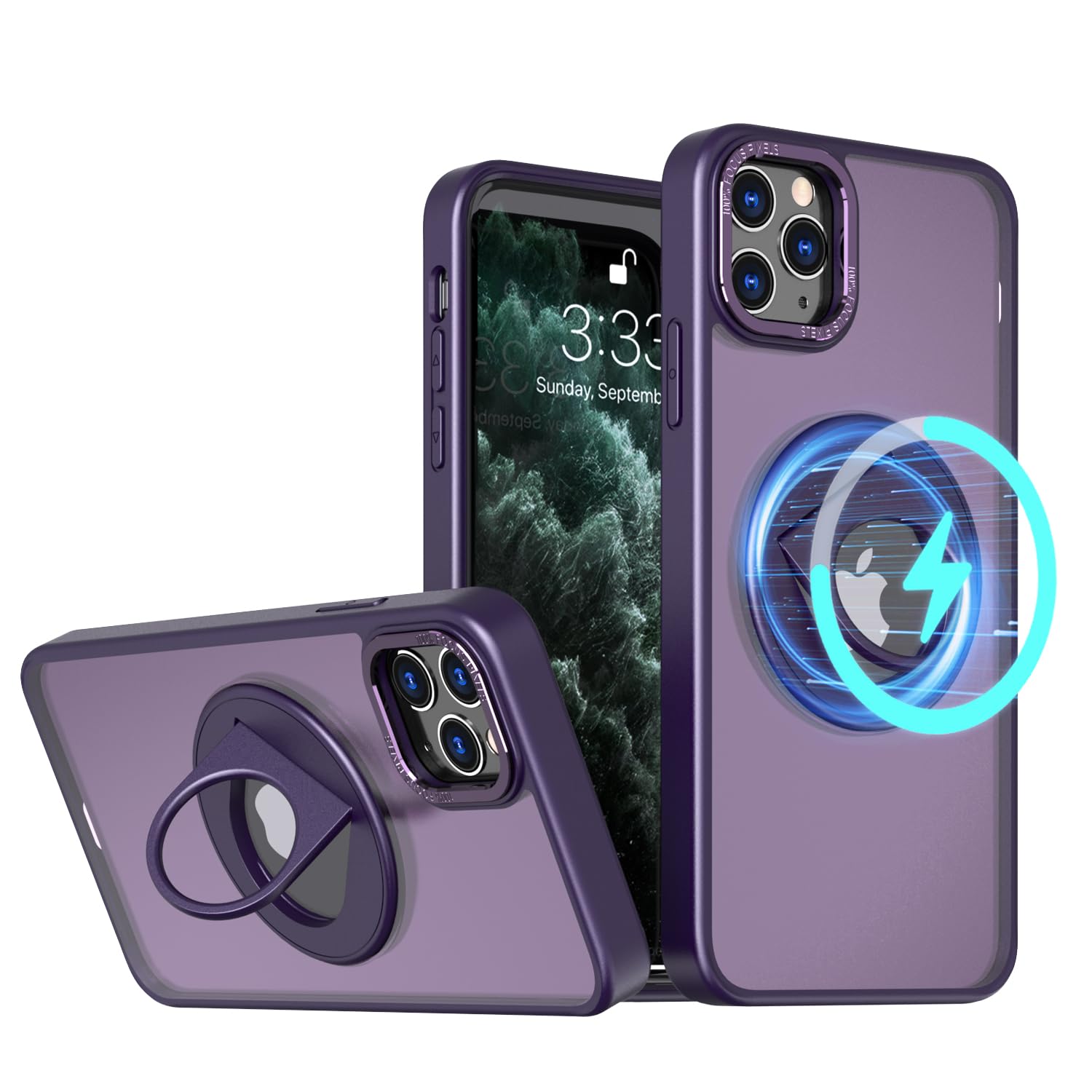 iPhone11 Pro Max 用 ケース【360°回転ブラケット】【隠しスタンド リング付き】360°回転スタンド マグネット搭載 縦横両対応 角度調整可 ストレスを和らげる リング 指紋防止 ワイアレス充電対応 マット感 いphone11Pro Ma