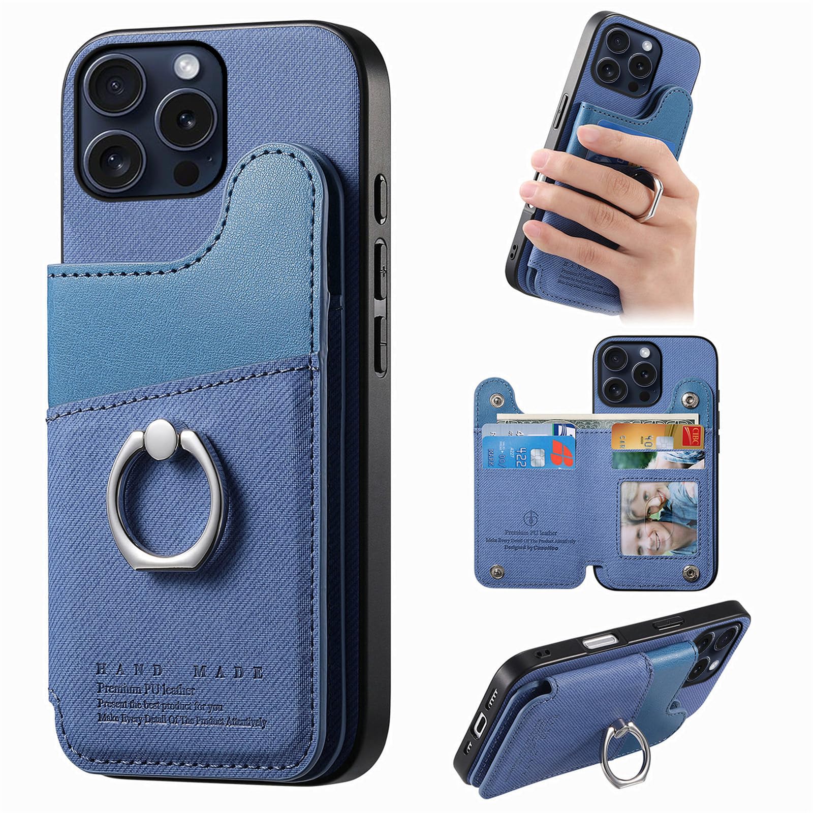 For iPhone 15 Pro ケース 手帳型カバー 背面カード収納&スタンド機能付き 360度回転リング 財布型 TPU全面保護 カメラ保護 耐衝撃 【RFIDブロッキング対応】 ブルー