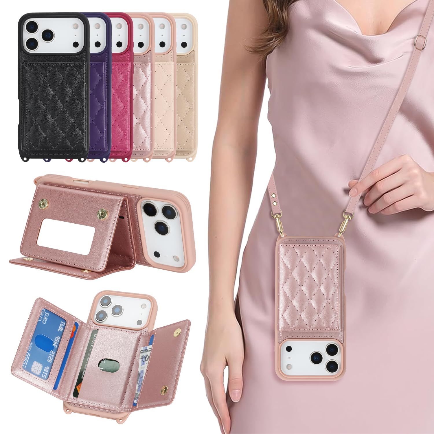 樂天商城 - DEYHU 対応 iPhone 17 Pro ケース ショルダー いphone17 Pro ケース カード収納 鏡 肩掛け 斜めかけ スマホショルダー アイフォン17 Pro ストラップ付き 耐衝撃 調節可能な 携帯ケース - 濃いピンク