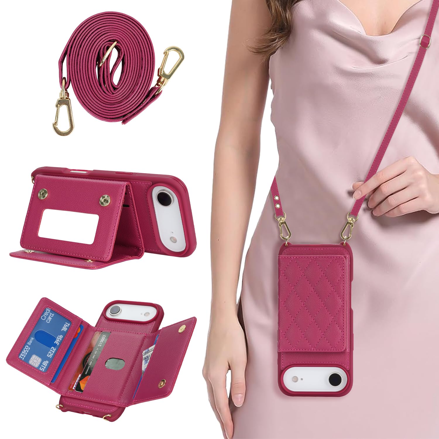 樂天商城 - DEYHU 対応 iPhone Air ケース ショルダー いphone17 Air ケース カード収納 鏡 肩掛け 斜めかけ スマホショルダー アイフォン17 Air ストラップ付き 耐衝撃 調節可能な 携帯ケース - ローズレッド