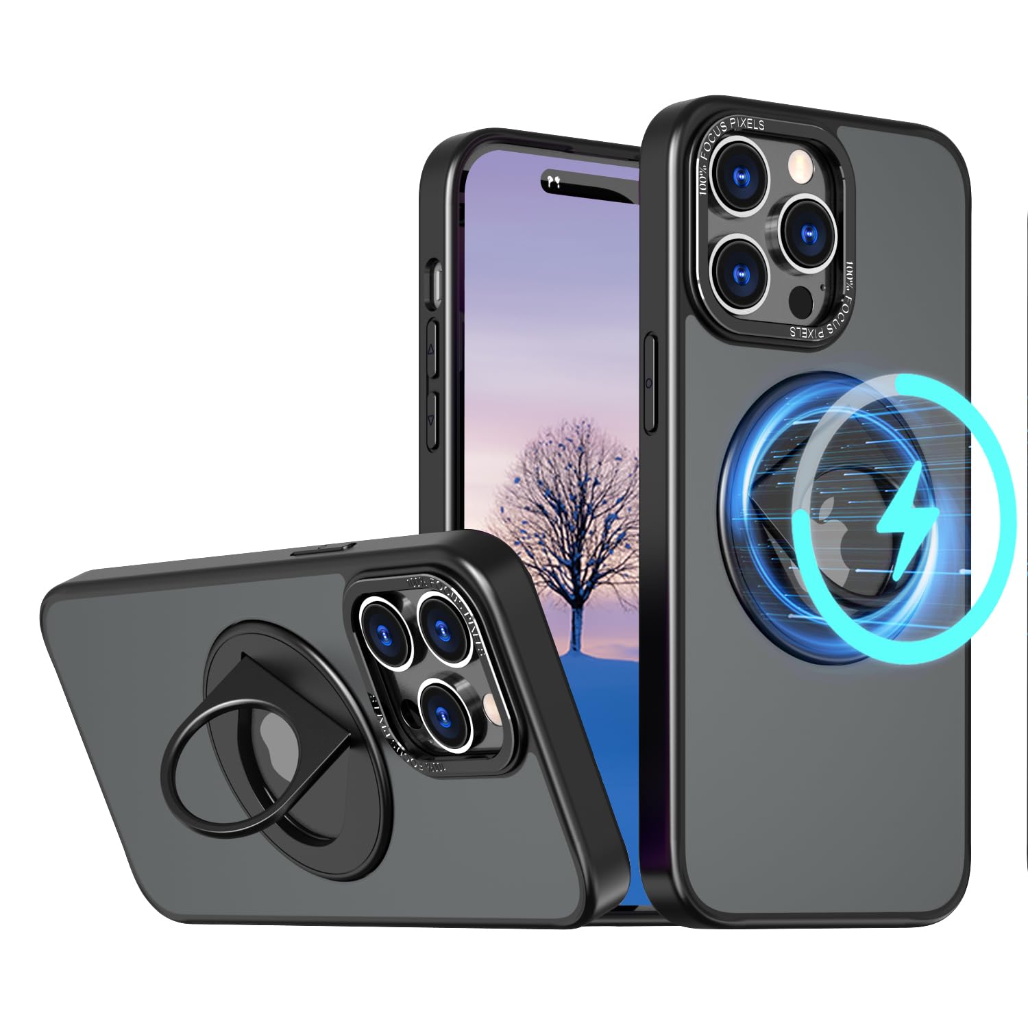 iPhone14 Pro 用 ケース【360°回転ブラケット】【隠しスタンド リング付き】360°回転スタンド マグネット搭載 縦横両対応 角度調整可 ストレスを和らげる リング 指紋防止 ワイアレス充電対応 マット感 いphone14PRO用 カバー-ブ