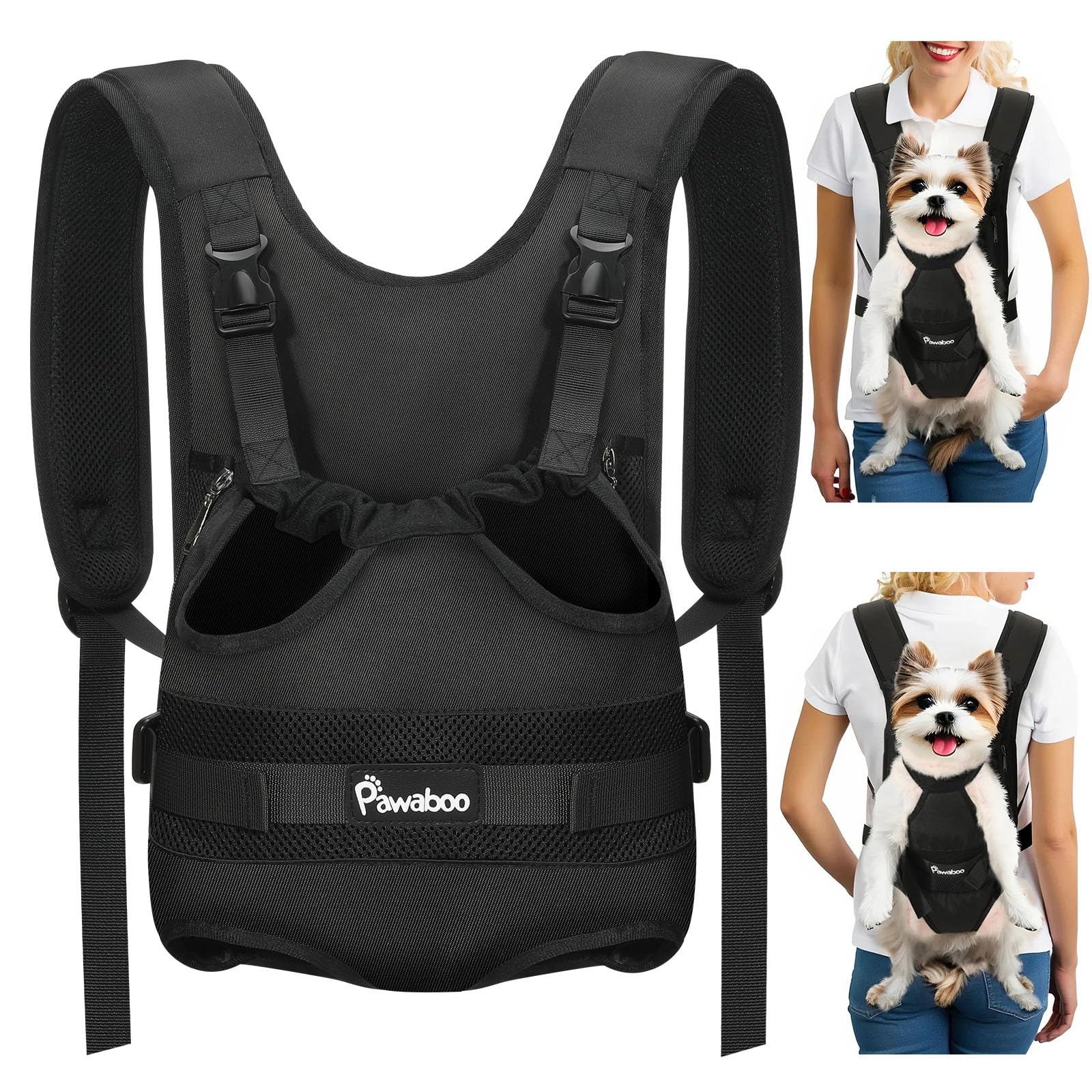ペットバッグ Pawaboo ペット抱っこバックパック リュック型 ペット用 抱っことおんぶ兼用キャリー 広めの肩紐 バックル付き スリング 通気 腰ベルト付き おんぶ紐 飛び出し防止 両手解放 快適 2WAY お出かけ用 小型犬/猫兼用 Mサイズ ブラッ