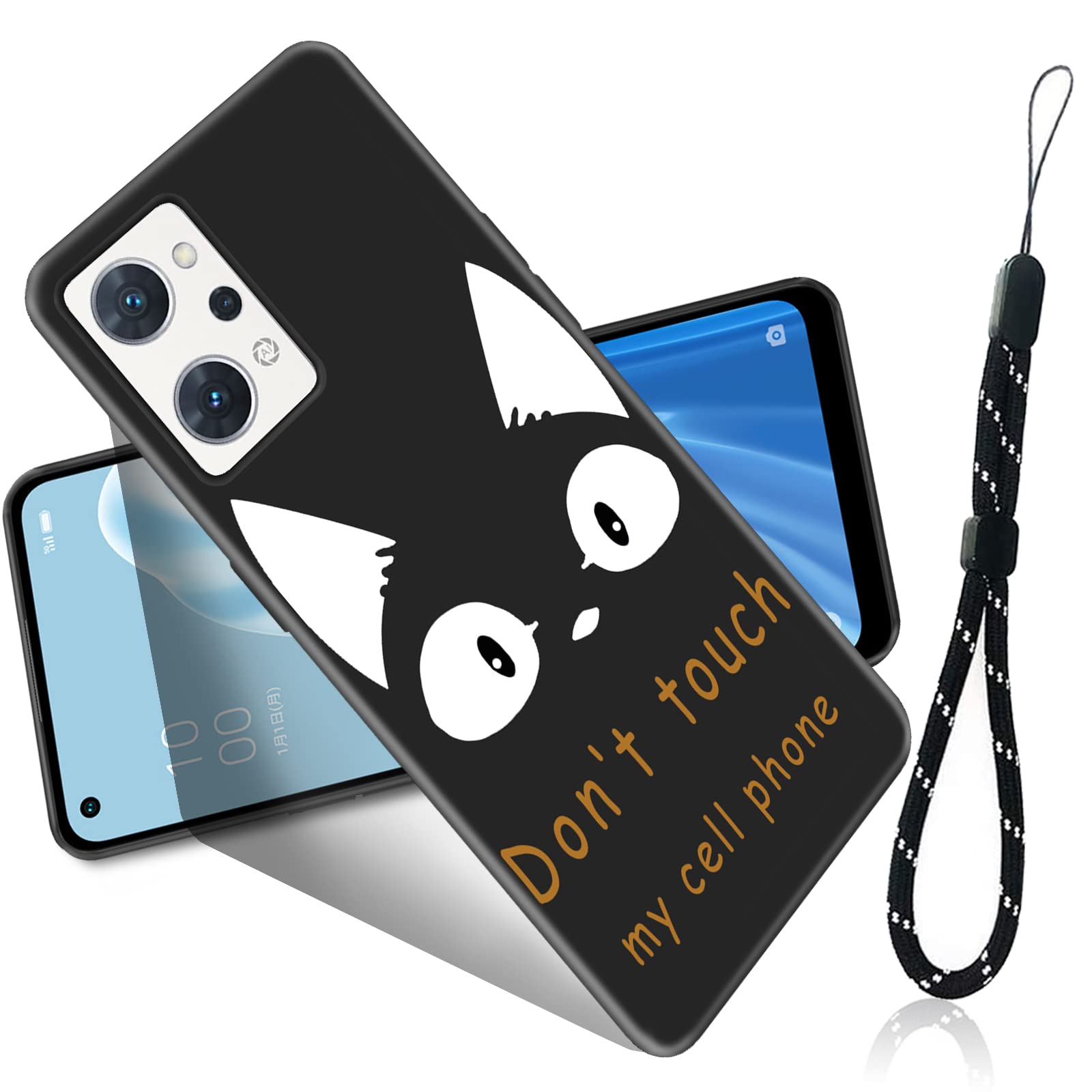 樂天商城 - FOR OPPO Reno7 A (CPH2353) 用のケース FOR OPPO Reno7 A 用のケース 薄型 軽量 衝撃吸収 TPU ストラップ付き 背面 創意 ブラック かわいい パターン 携帯 ケース (CPH2353) 用の全面保護 ケース