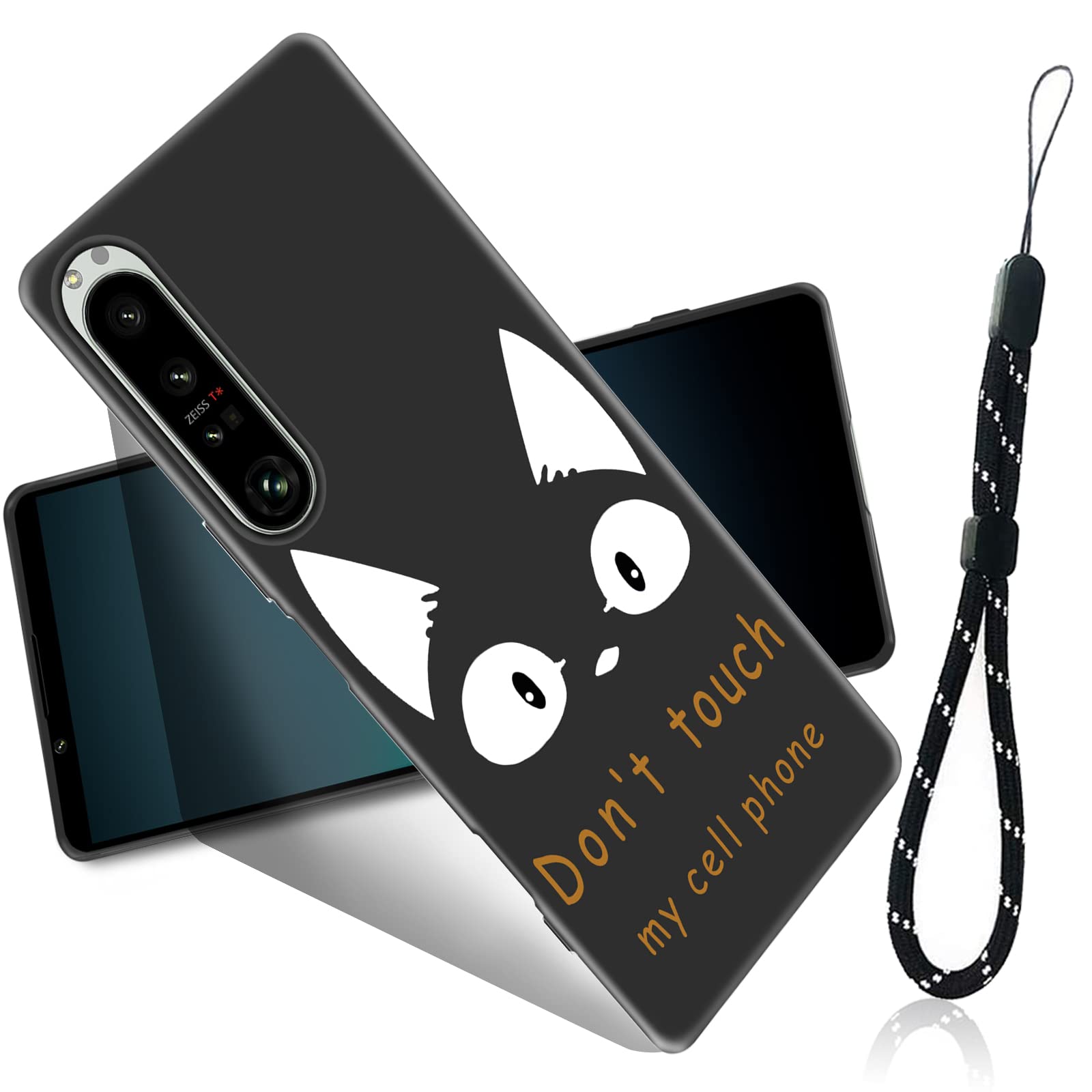 FOR Sony Xperia 1 IV SO-51C / SOG06 用のケース SO-51C / SOG06 用のケース 薄型 軽量 衝撃吸収 TPU ストラップ付き 背面 創意 ブラック かわいい パターン 携帯 ケース FOR Xperia 1 I