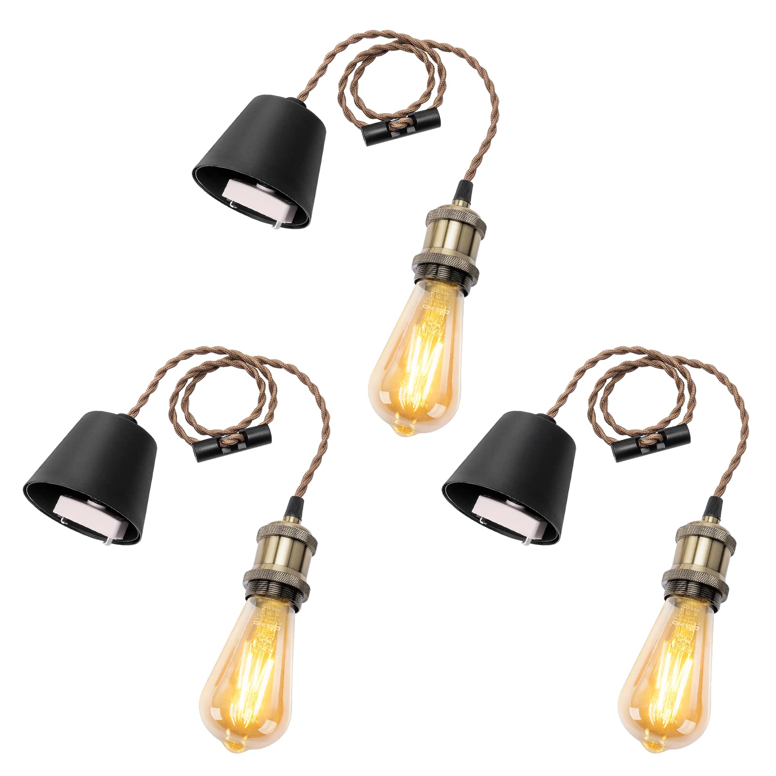 Rakuten - DiCUNO ペンダントライト E26口金 LED電球付き エジソン電球 引掛シーリング用 1灯用ペンダントソケット シャンパンゴールド 電球ソケット 天井照明 吊り下げ コード付き 80cm調節可 レトロ アンティーク おしゃれ 3個入