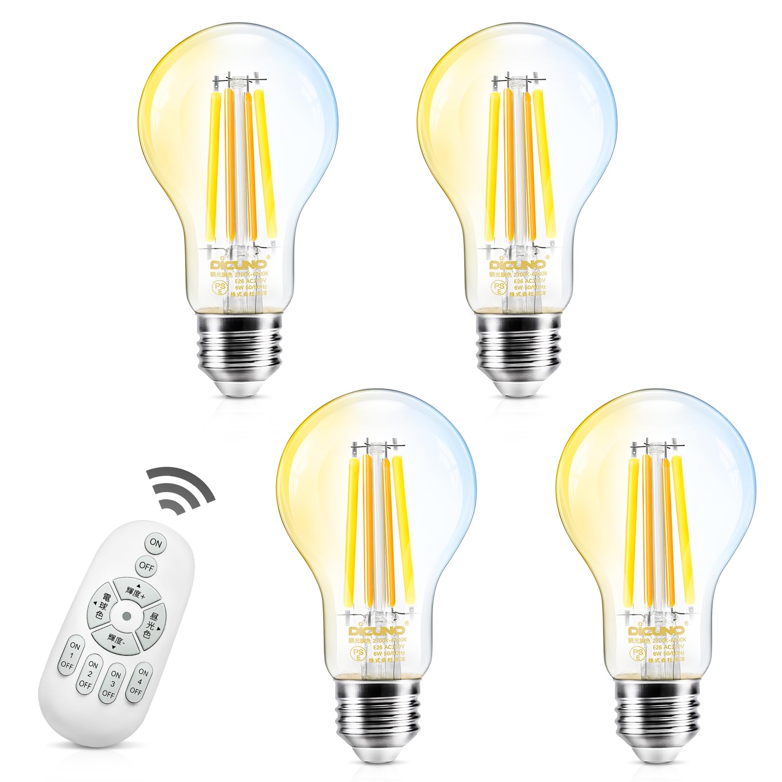 DiCUNO LED電球 E26口金 60W形相当 フィラメント電球 6W 800lm 調光 調色 リモコン付き 電球色 昼白色 ..
