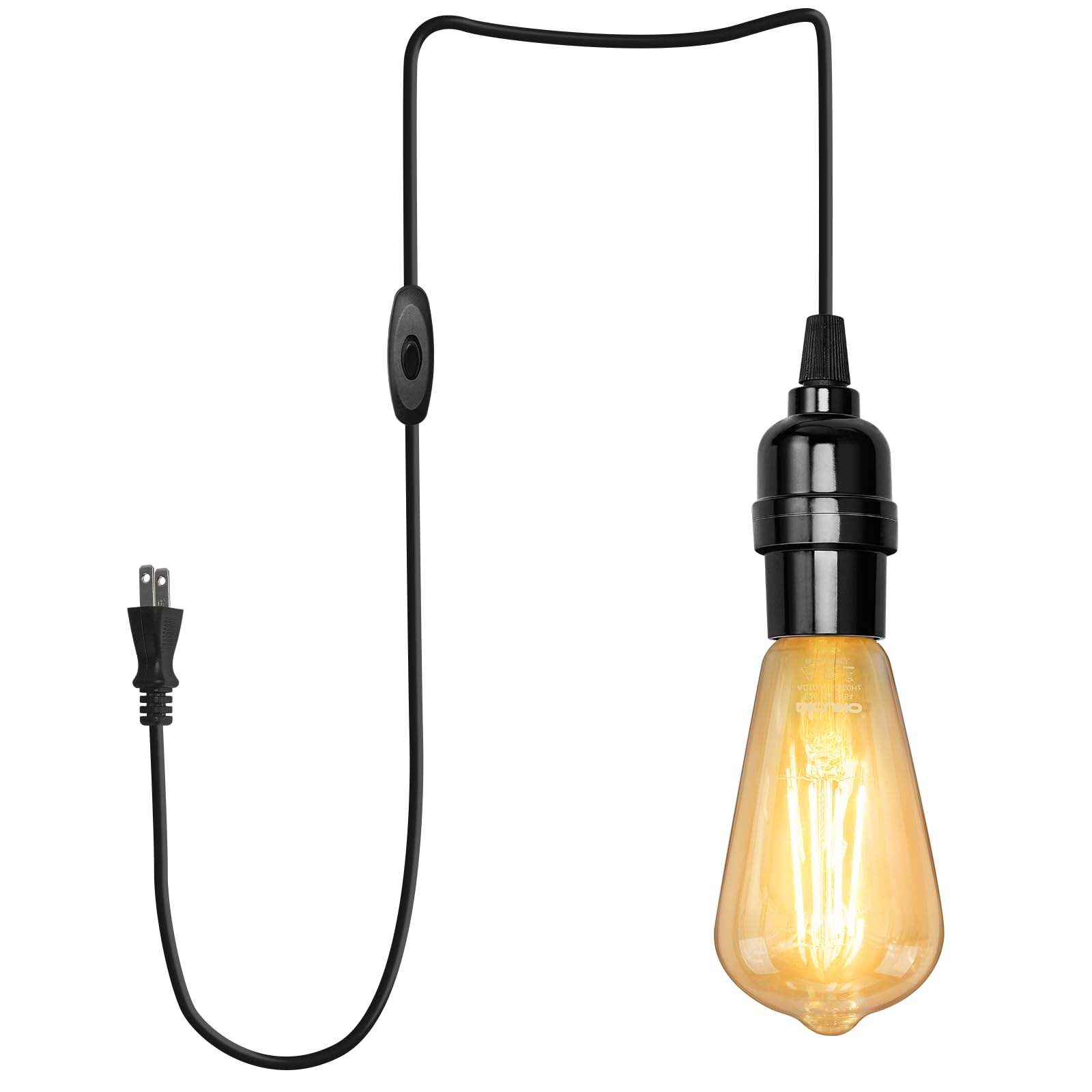 Rakuten - DiCUNO コード付きソケット E26口金 LED電球付き 電球色 60W形相当 4m 電球ソケット ペンダントライト エジソン電球 ST64 コンセント スイッチ付き 吊り下げ 黒 おしゃれ 1個入