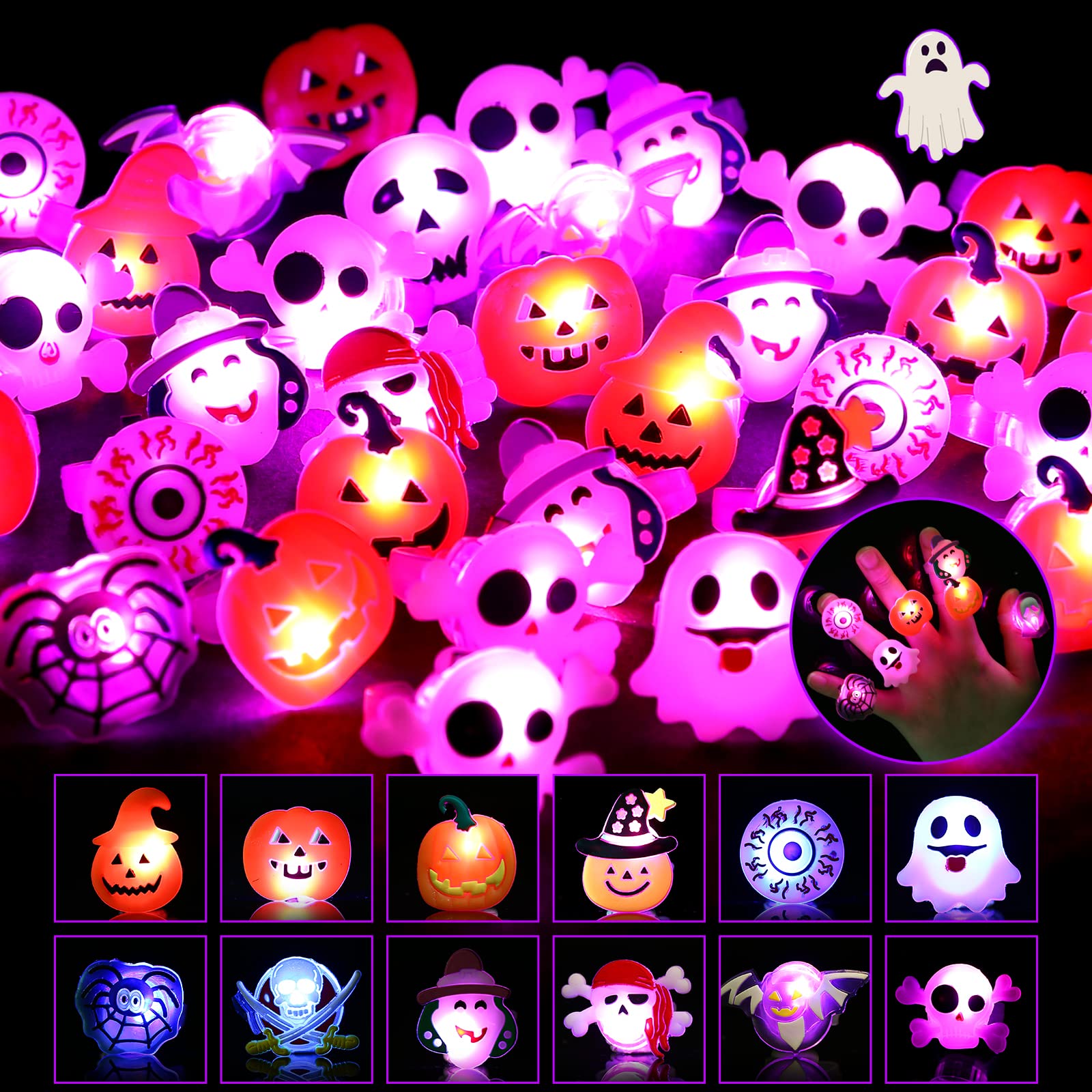 LIHAO 光る指輪 ハロウィン おもちゃ【50個入】 全12種 ランダム販売 お祭り 景品 縁日グッズ 飾り ライブ用 キラキラリング ピカピカ 光るリング プレゼント 子供・大人対応可